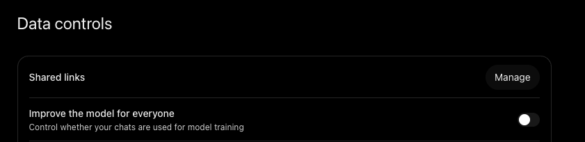 ChatGPT's Data controls settings, with the "Improve the model for everyone" switch turned off